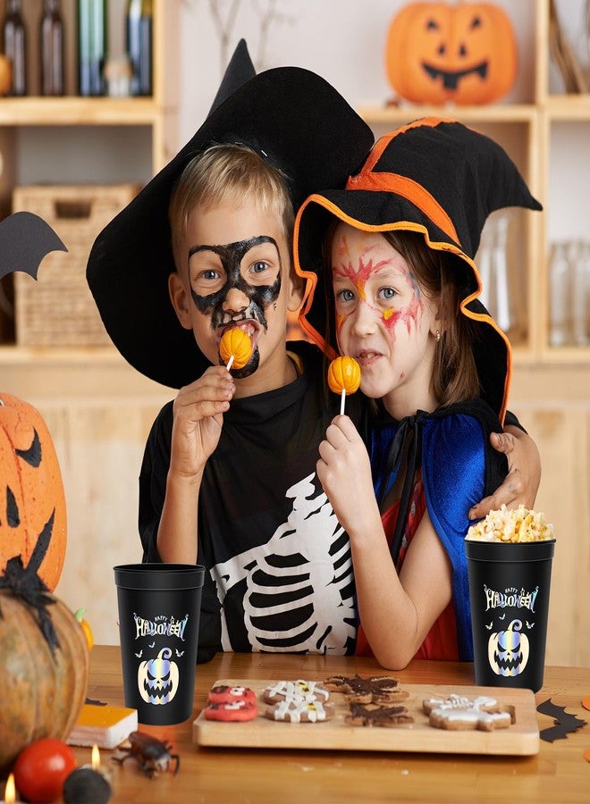 Whaline 30Pcs Halloween Party Cups 16oz Spooky Pumpkin Bronzing Silver Plastic Cups Decorative Halloween Black Stadium Cups - Image 4